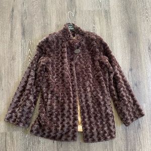 DENNIS BASSO TEXTURED ROSETTE FAUX FUR BROWN COAT